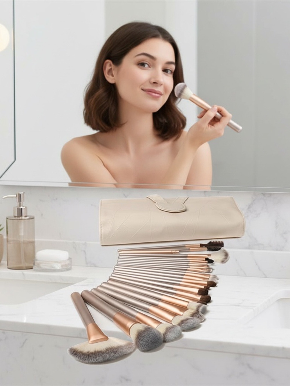 18-Piece Rose Gold Makeup Brush Set with Cream Travel Case